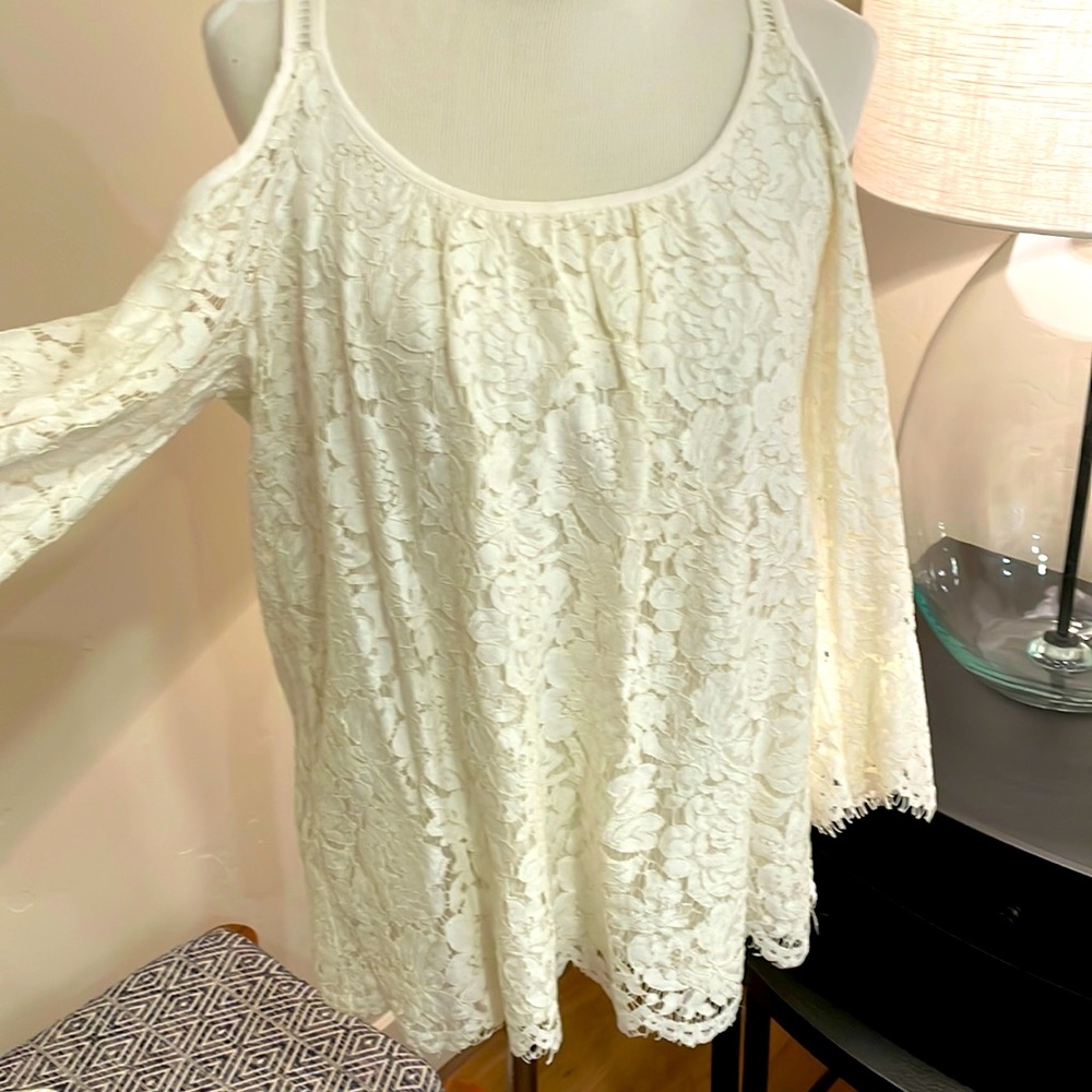 WHBM blouse, cream and beautiful lace with open shoulder